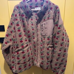 Teddy Fleece Floral Zip Jacket - Beige with Pink Rose Print